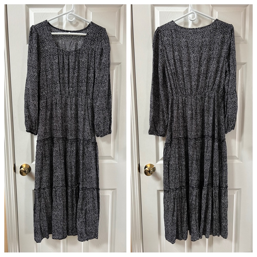 Boho Black and White Floral Tiered Maxi Dress Long Sleeve Size M